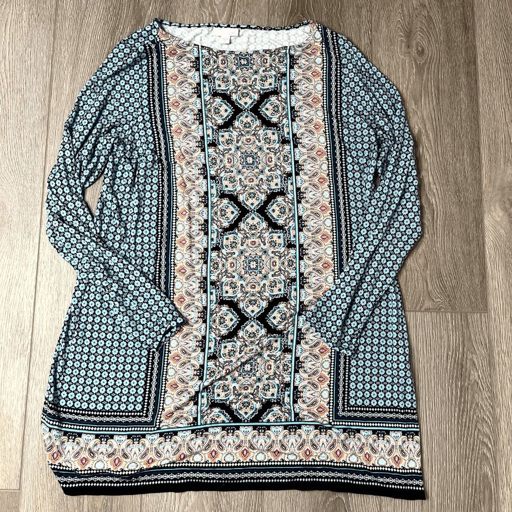 J.Jill Blue Flower Boho‎ Geometric Tunic Top Dress  Sizes Medium